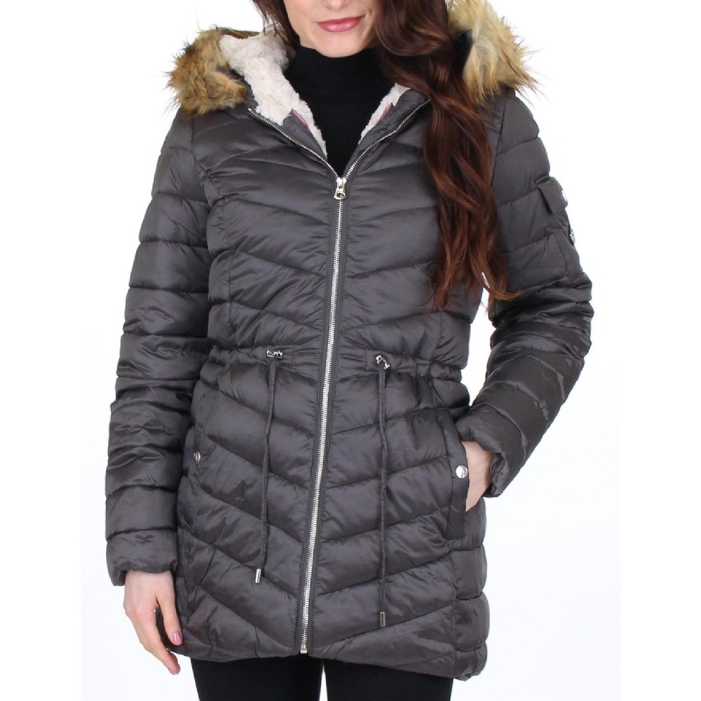 Jessica Simpson Black Sherpa Lined Puffer Coat with Faux Fur Trim Size 1X